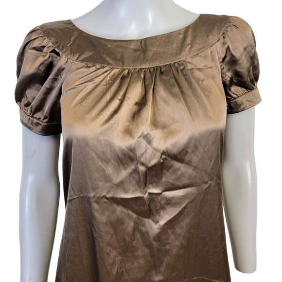 Vintage 90s Satin A-line Mini Dress Women Small Brown Pockets Soft 4 6 S Boho S - Picture 4 of 14